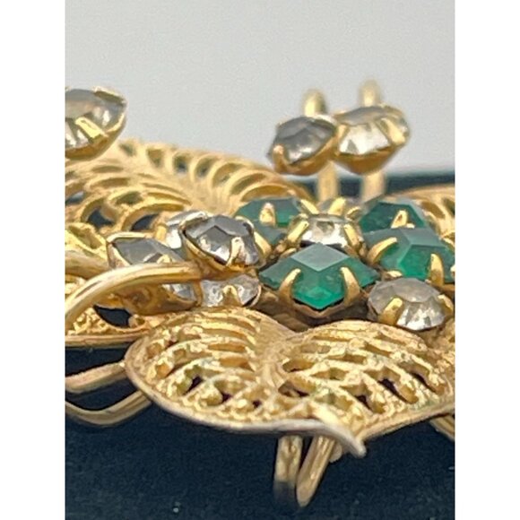 Vintage Gold Tone Brooch Pendant Star Flower Green and Clear Rhinestones 2" - Picture 4 of 11